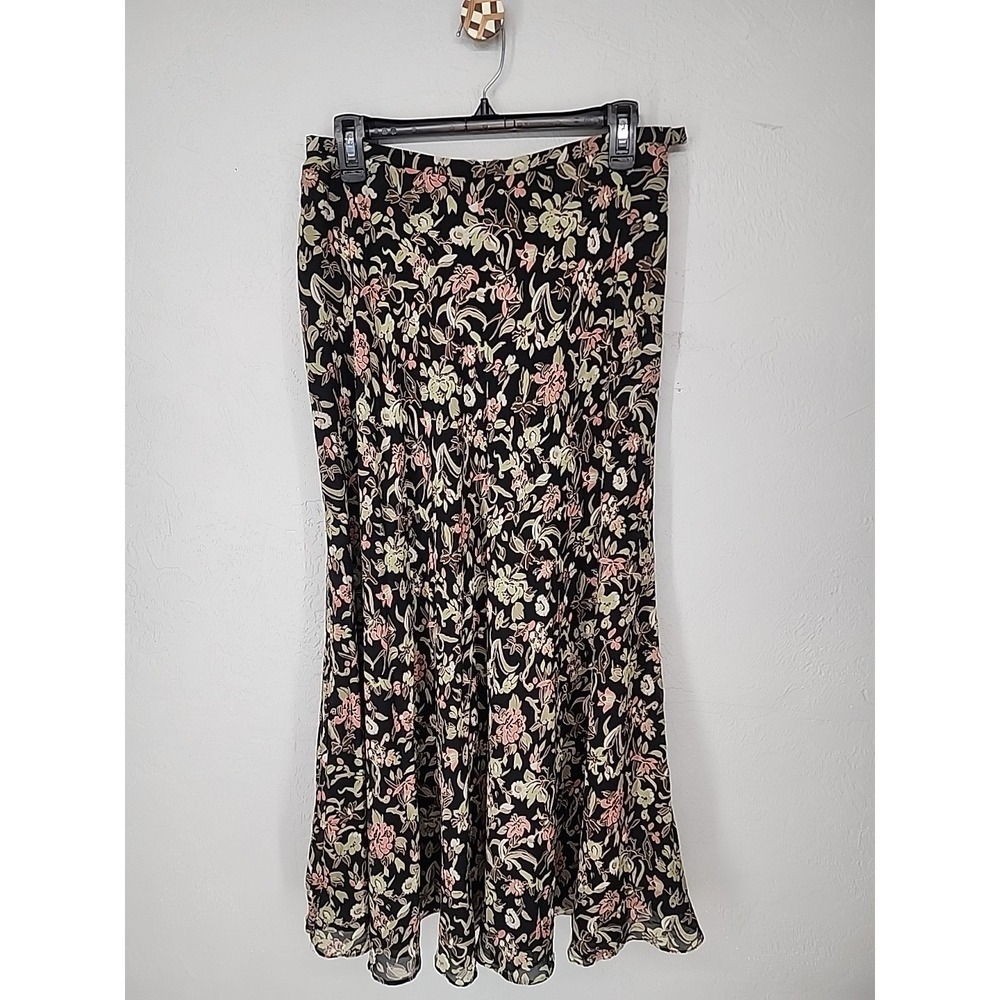 Charter Club Womens Black Floral 100% Silk Midi Skirt Size 8 Vintage‎ Style
